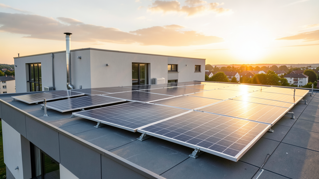 aérovoltaïque vs alternatives : installation aérovoltaïque en toiture d'une maison moderne avec panneaux solaires hybrides et pompe à chaleur