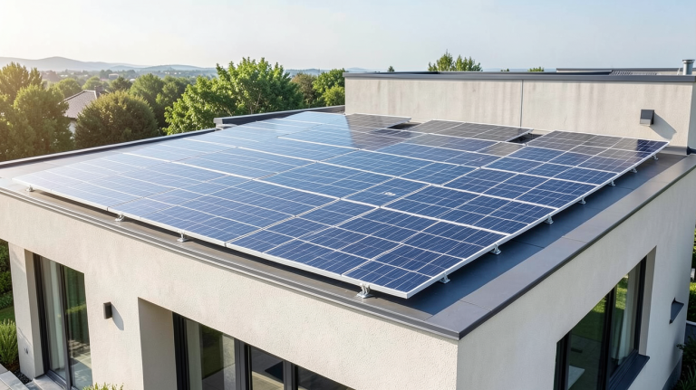 alimentation solaire 220v installée sur le toit d'une maison contemporaine
