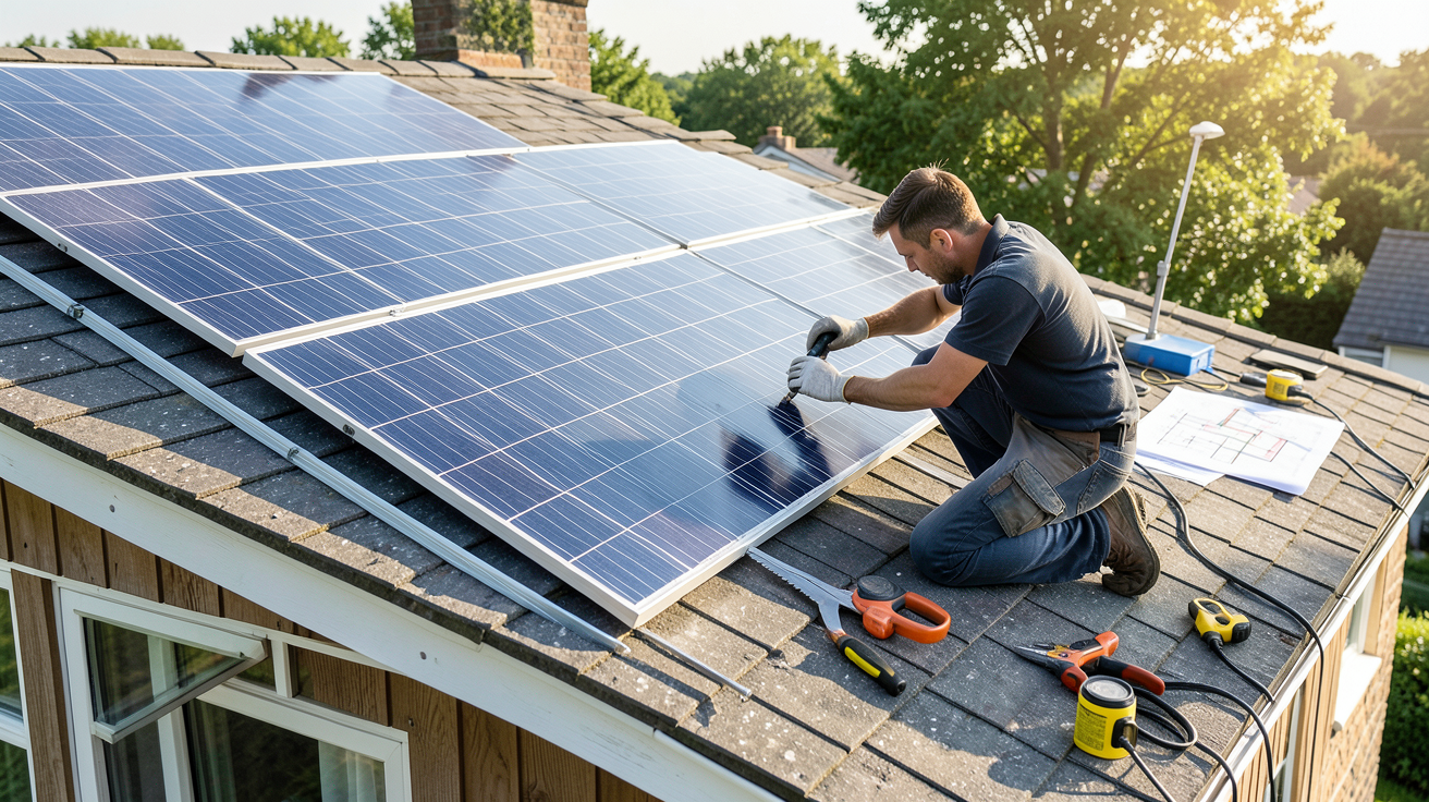 alimentation solaire 220v montrant l'installation d'un kit solaire sur le toit d'une maison avec un technicien