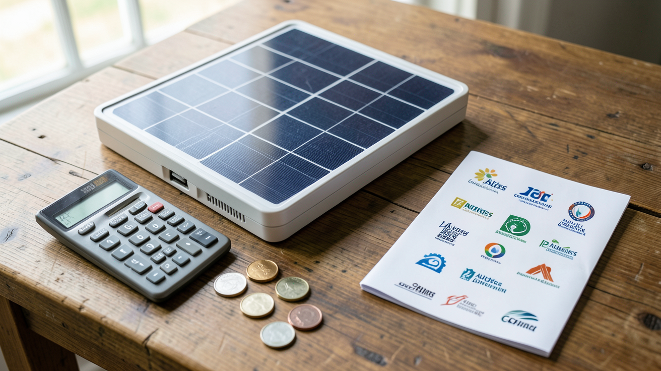 alimentation solaire 220v montrant un kit solaire avec calculatrice, pièces et brochure d'aides