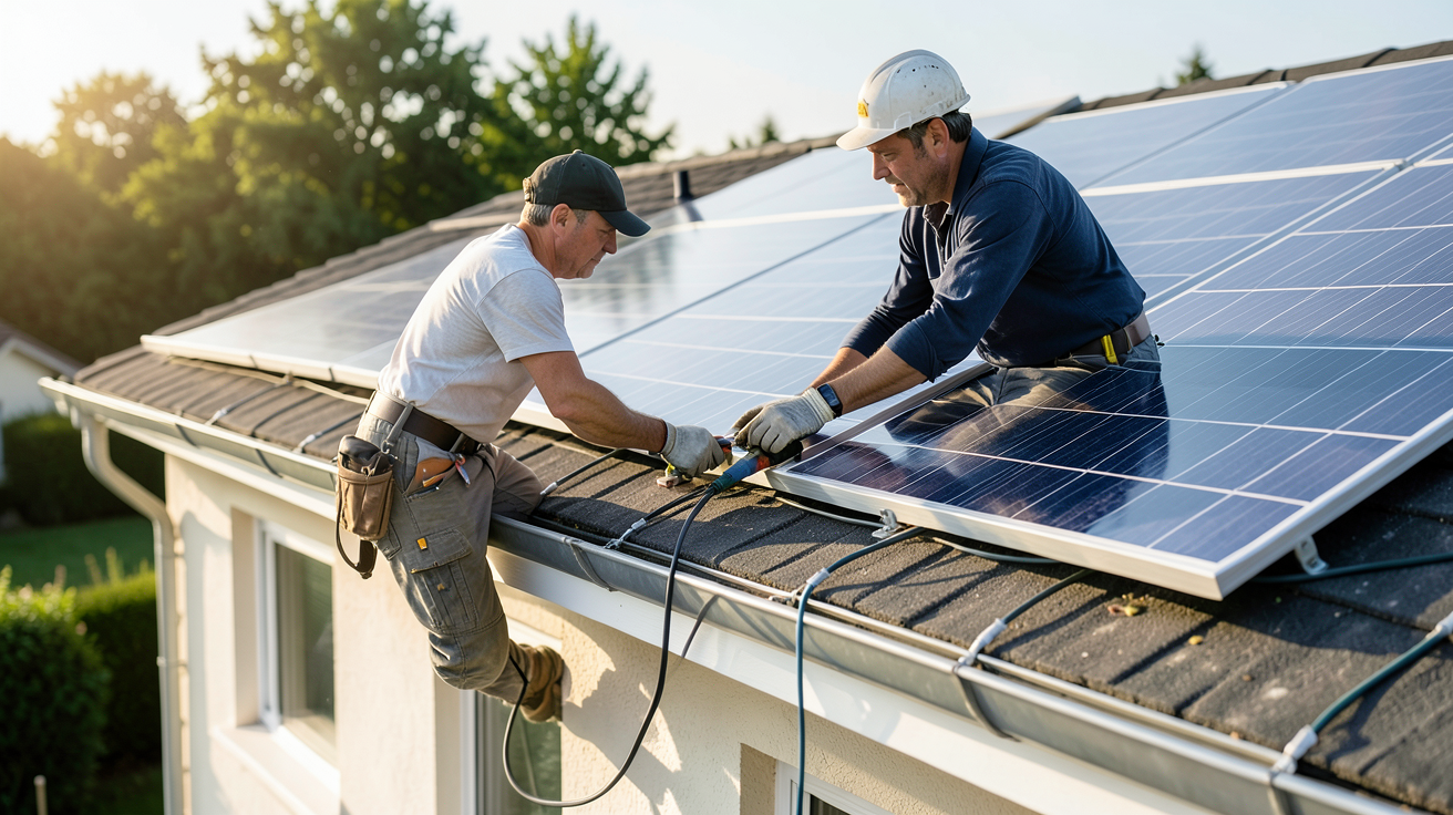 alimentation solaire installation panneaux solaires toit maison technicien