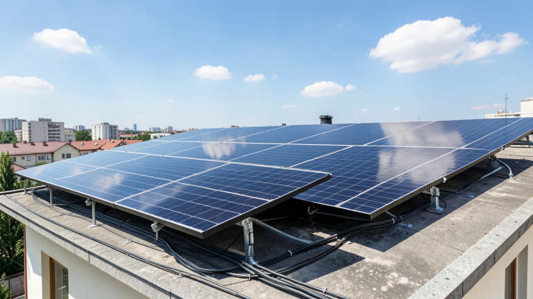 alimentation solaire avec panneaux photovoltaïques installés sur le toit d'une maison en ville