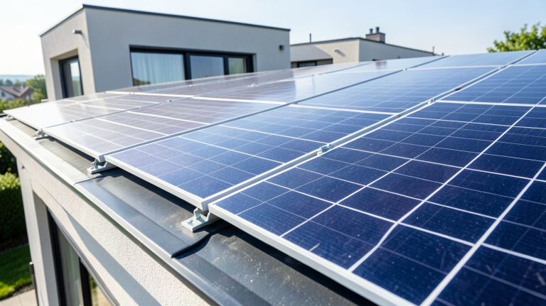alliantz photovoltaique installé sur le toit d'une maison moderne avec des panneaux solaires