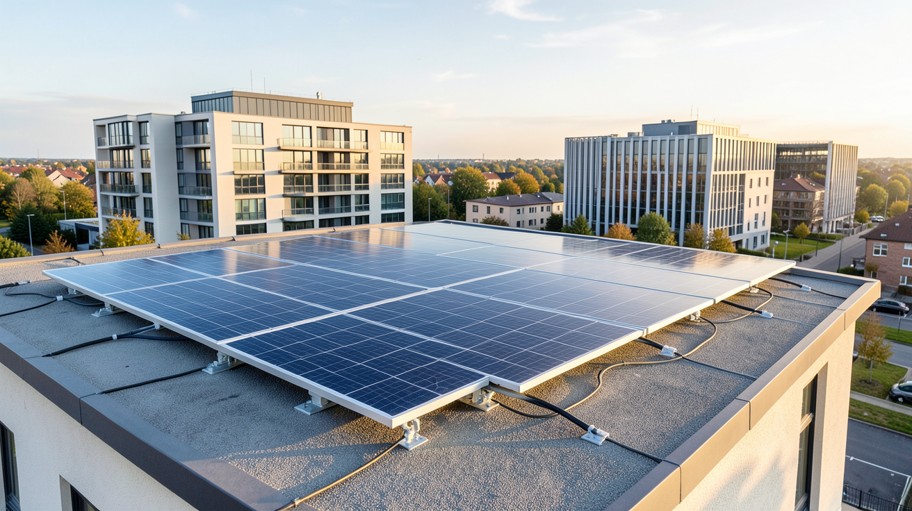 alliantz solaire : offre produit pour le résidentiel et le tertiaire avec panneaux solaires Alliantz sur toit de maison et bâtiment tertiaire