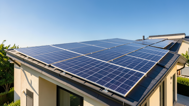 allo solaire avec des panneaux photovoltaïques installés sur le toit d'une maison moderne