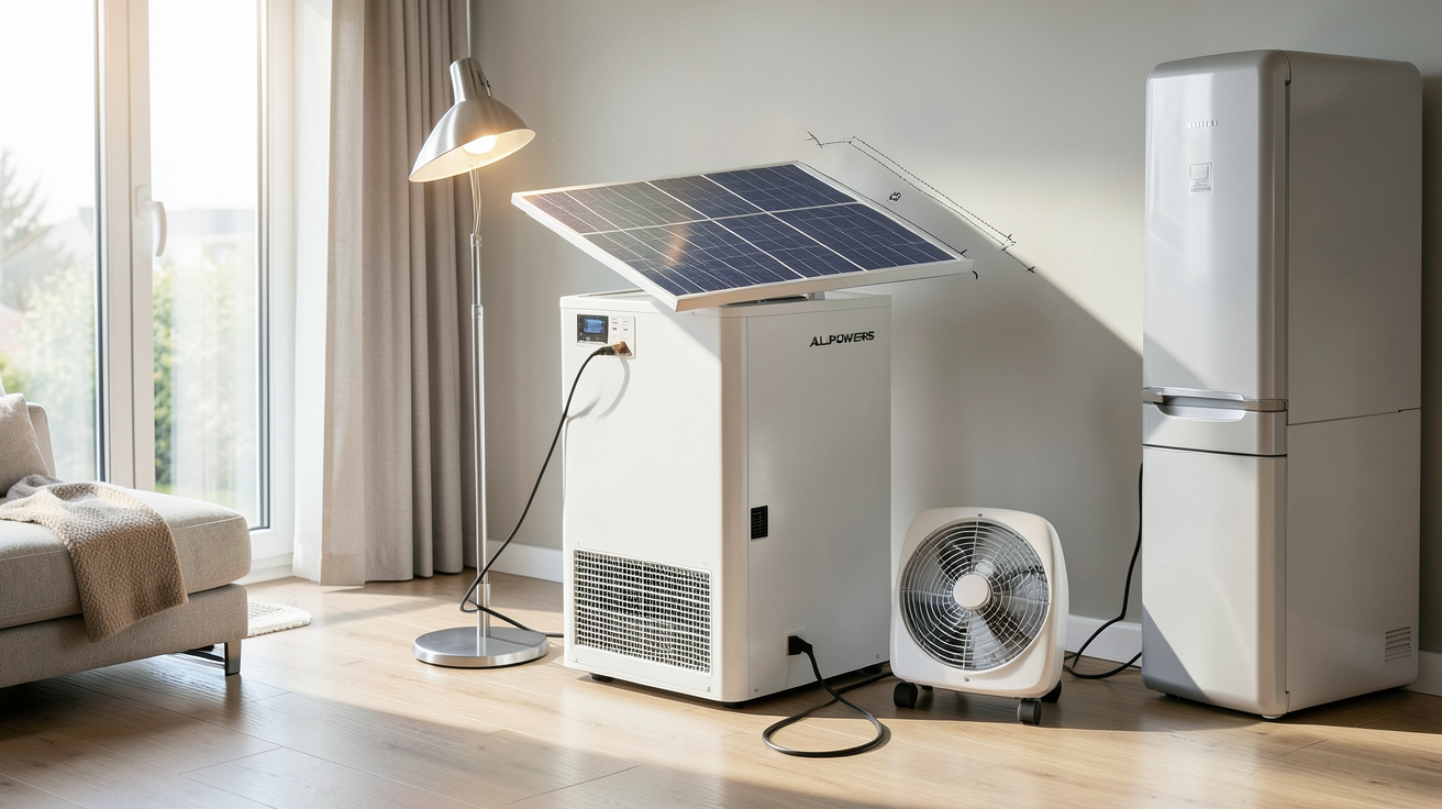 allpowers générateur solaire ALLPOWERS branché à des appareils électriques en cas de coupure EDF dans un salon moderne
