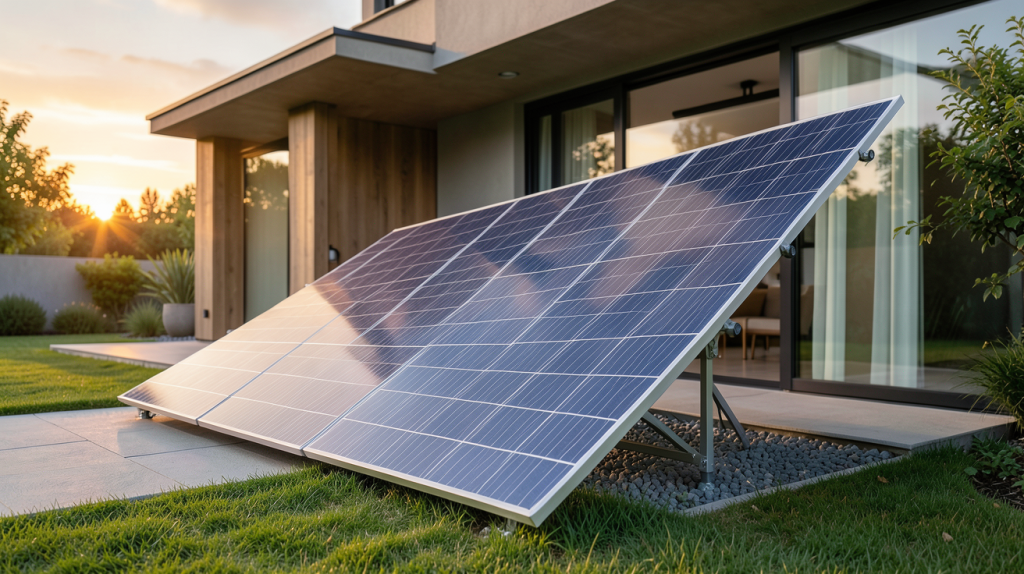 allpowers générateur solaire installé à l'extérieur d'une maison moderne avec panneau déployé