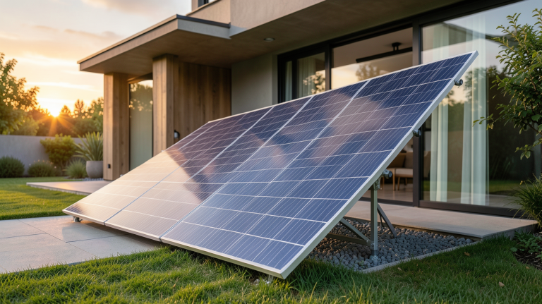 allpowers générateur solaire installé à l'extérieur d'une maison moderne avec panneau déployé