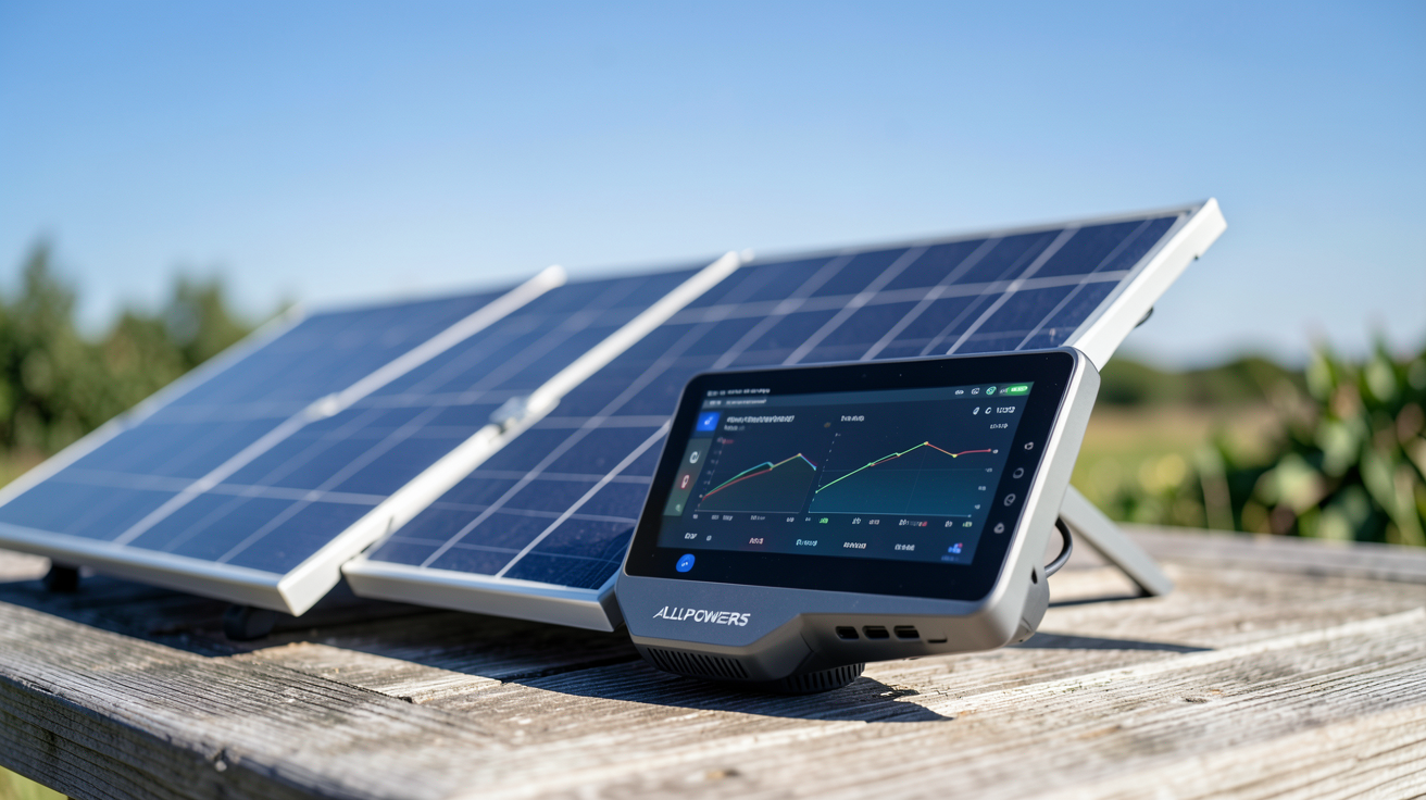 allpowers générateur solaire de dernière génération avec panneaux déployés sur une table en bois extérieur