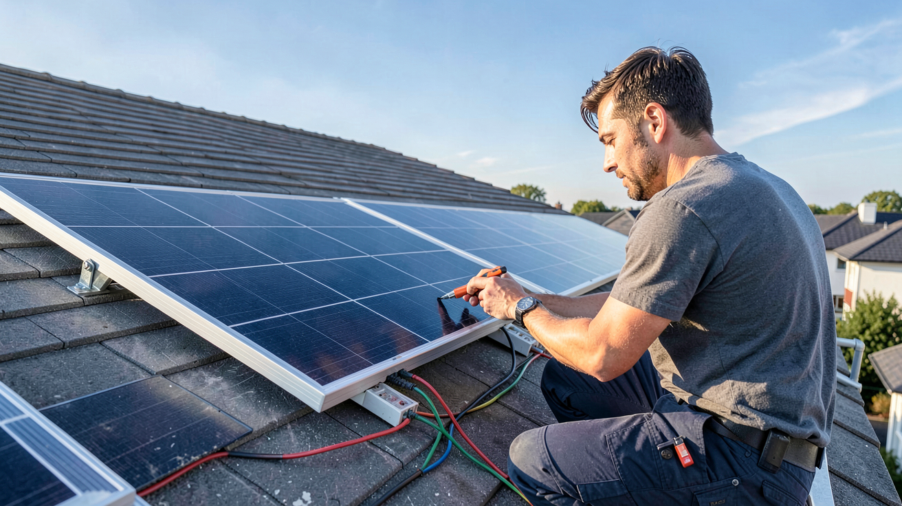 allpowers panneau solaire installé sur un toit avec un technicien vérifiant les connexions électriques