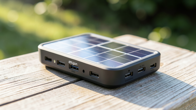 amazon chargeur solaire portable posé sur une table en bois avec lumière naturelle