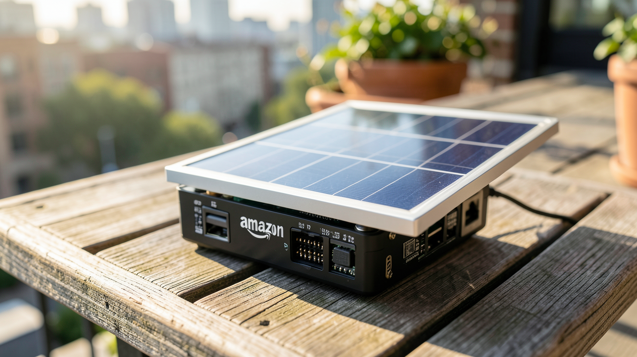 amazon chargeur solaire portable posé sur une terrasse urbaine avec panneaux solaires déployés