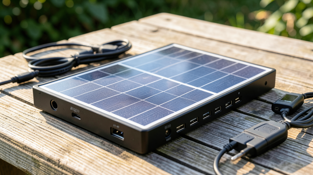 amazon chargeur solaire posé sur une table en bois extérieur avec accessoires visibles