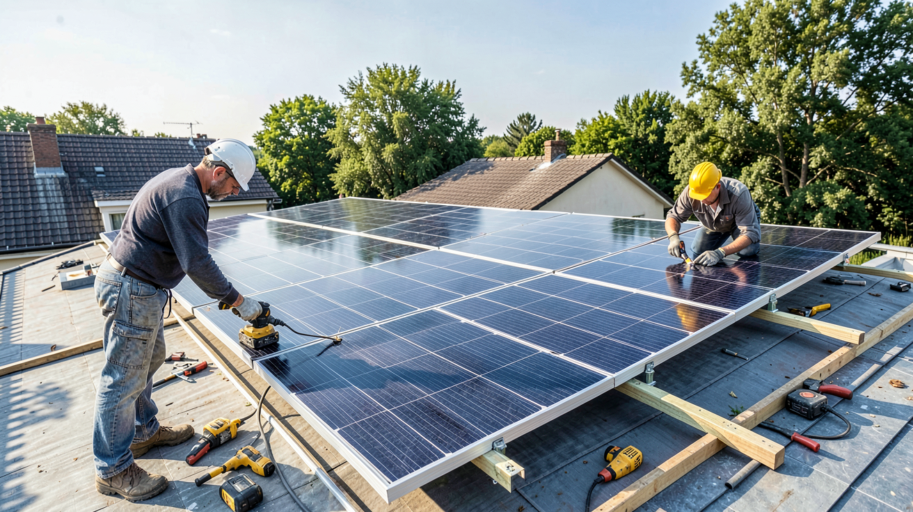 amazon panneau photovoltaique montrant l'installation pas à pas d'un panneau solaire sur un toit, avec mise en place sécurisée et optimisation de l'orientation.