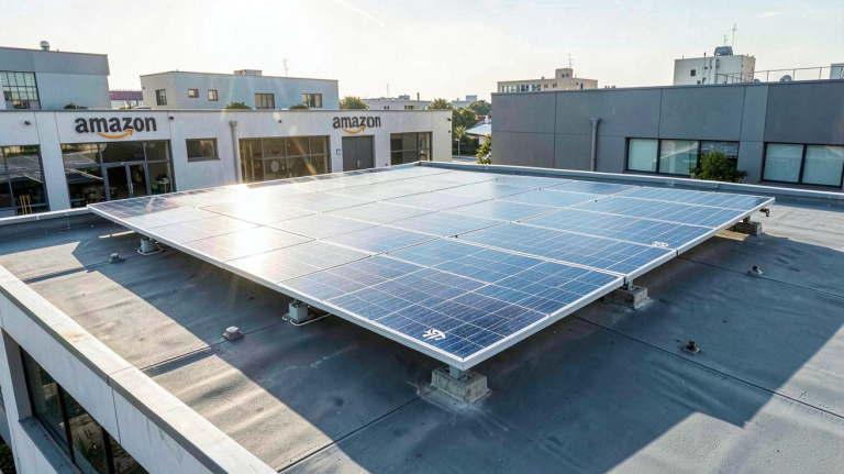 amazon panneau photovoltaique installé sur le toit d'un bâtiment commercial, montrant la dalle solaire sous la lumière du jour