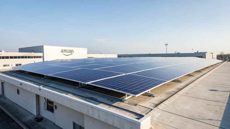 panneau solaire installé sur le toit d'un entrepôt Amazon avec ciel dégagé