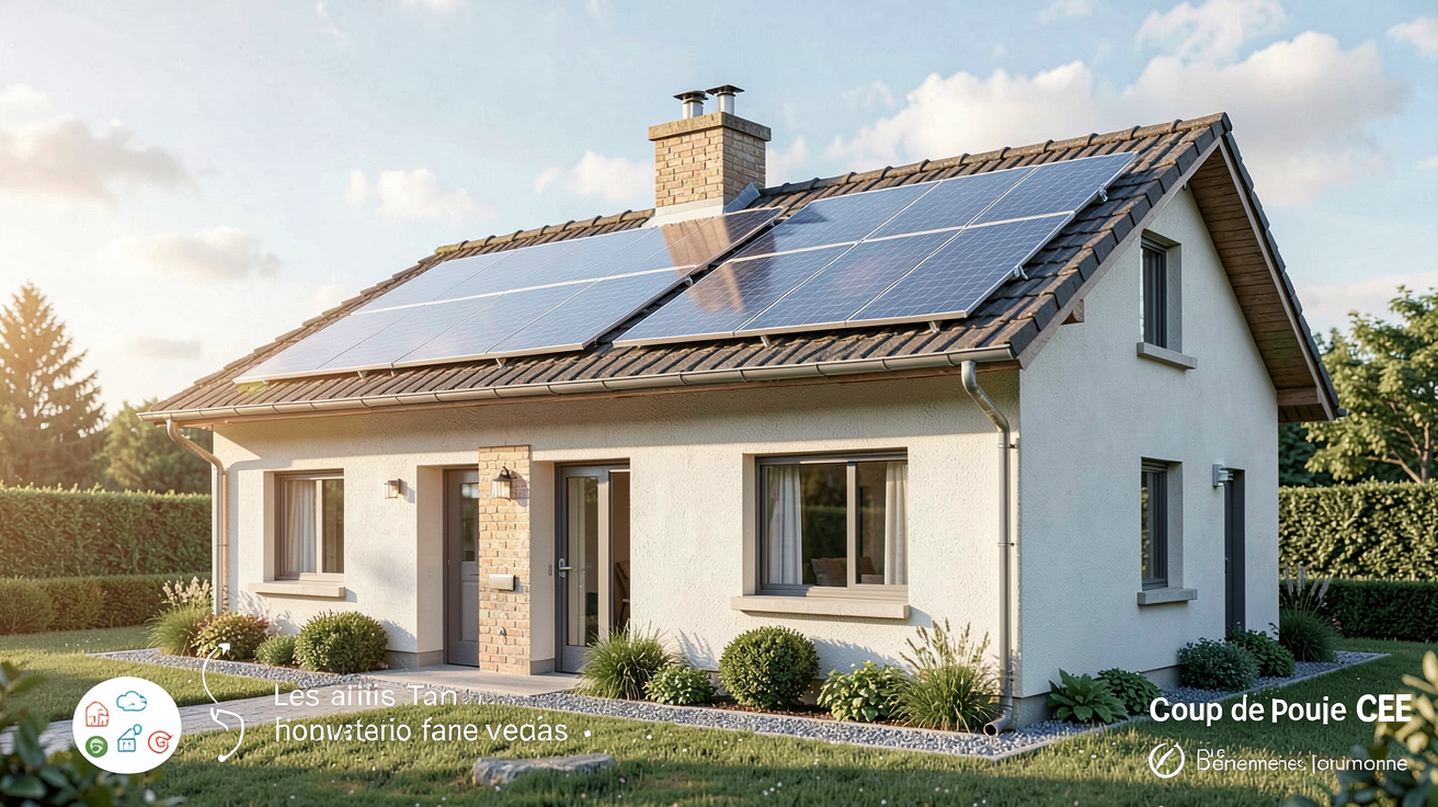 anah panneau solaire : simulation 3D d'un projet de panneaux solaires thermiques sur une maison avec représentation des aides financières
