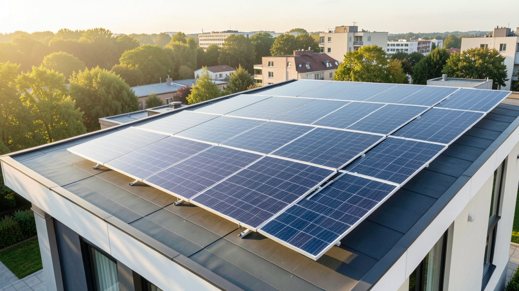 anah panneaux photovoltaïques installation sur le toit d'une maison moderne, capturée en lumière naturelle, haute résolution