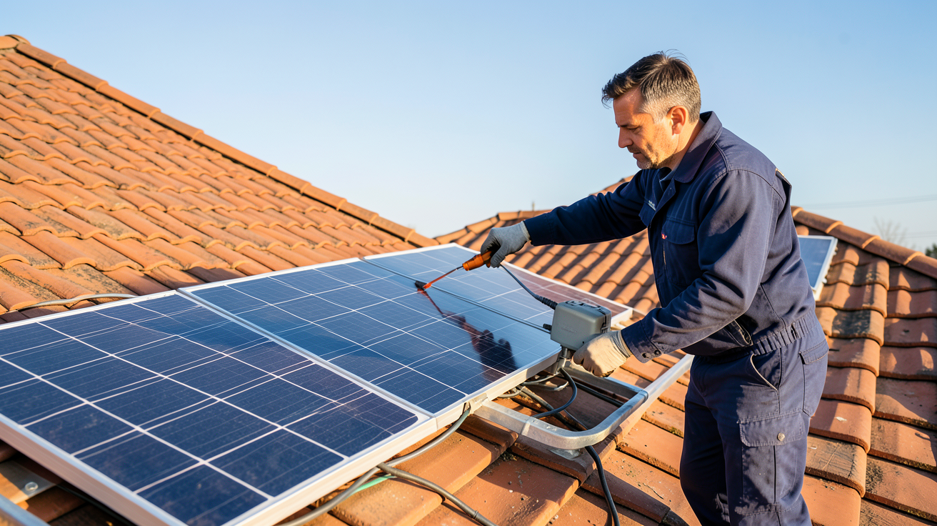 anah photovoltaïque 2021 : professionnel vérifiant l'installation de panneaux solaires sur un toit de maison