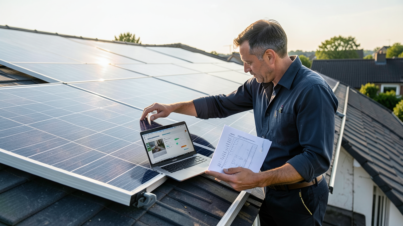 anah photovoltaique installateur vérifiant panneaux solaires avec dossier de subventions à la main