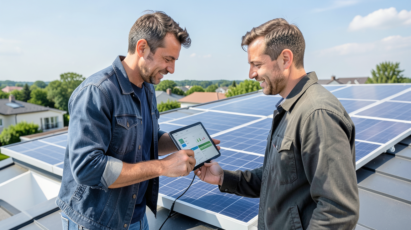 appareil photovoltaïque en cours de dimensionnement par un technicien sur une toiture.