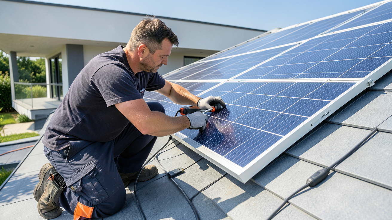 appareil photovoltaïque en cours d'installation par un technicien professionnel sur un toit