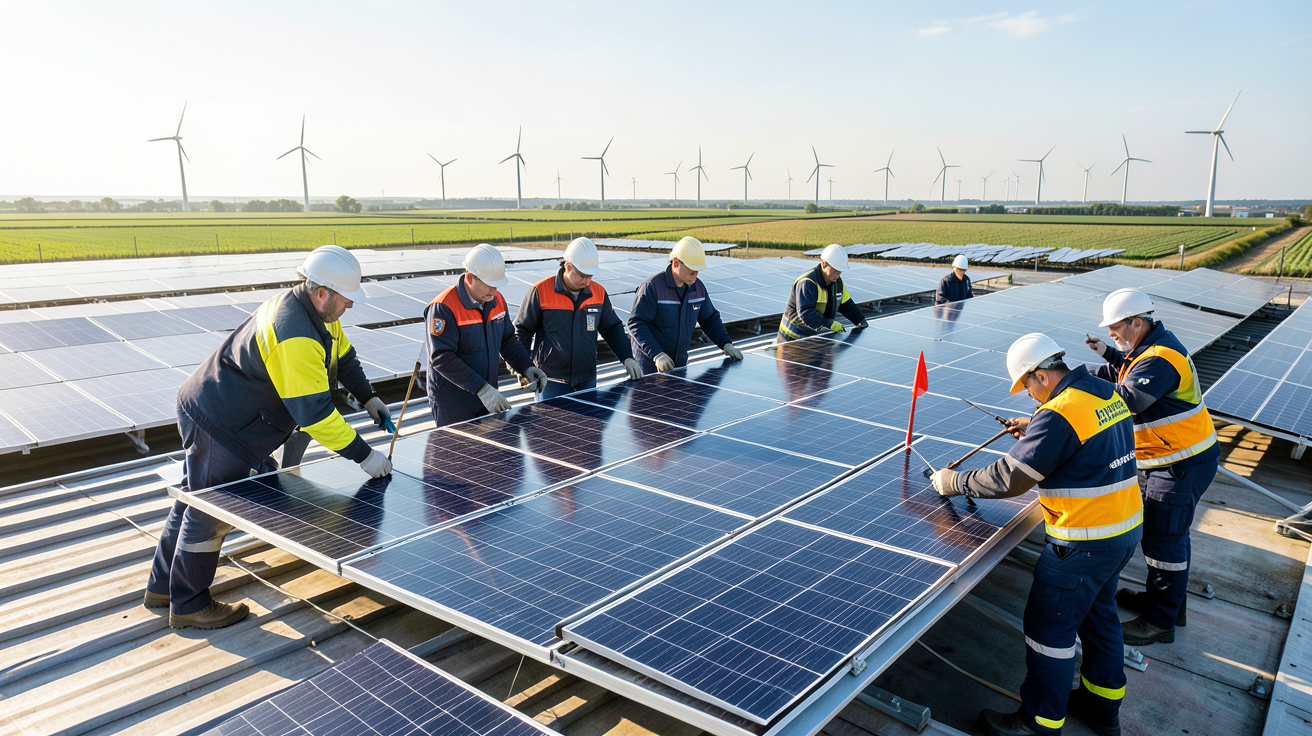 apper solaire activités principales : équipe professionnelle inspectant des panneaux solaires sur un toit industriel avec champs photovoltaïques en arrière-plan