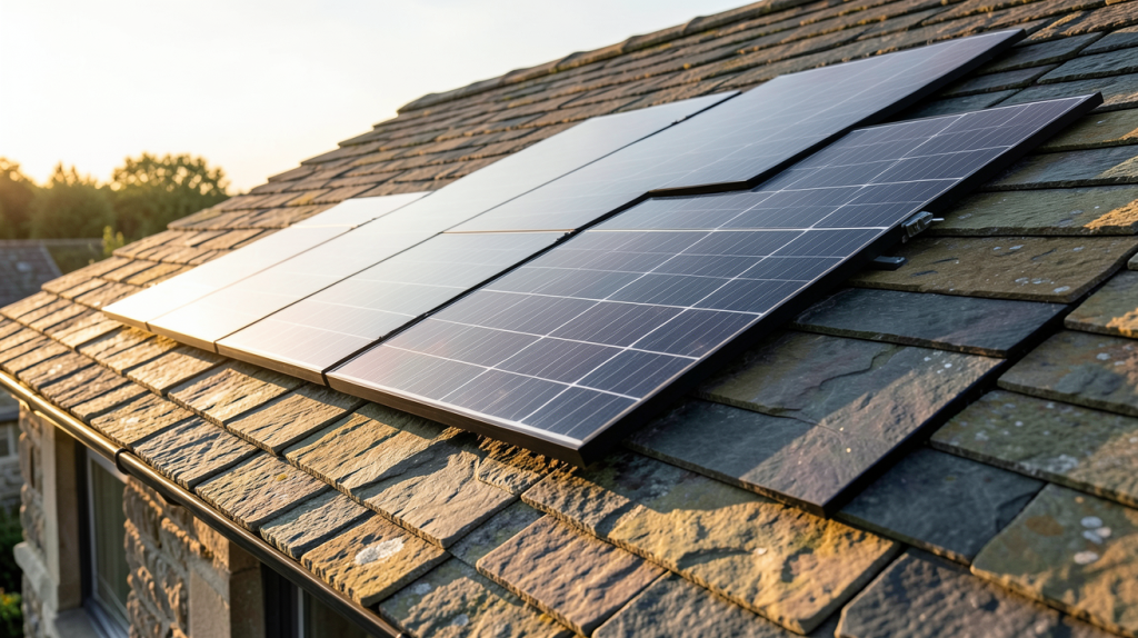 ardoise photovoltaique intégrée sur une toiture de maison traditionnelle