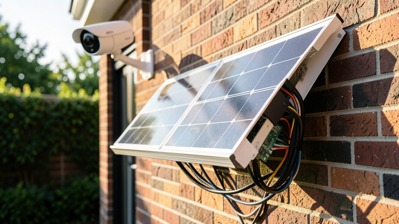 arlo panneau solaire installé à l'extérieur avec une caméra de surveillance Arlo en arrière-plan
