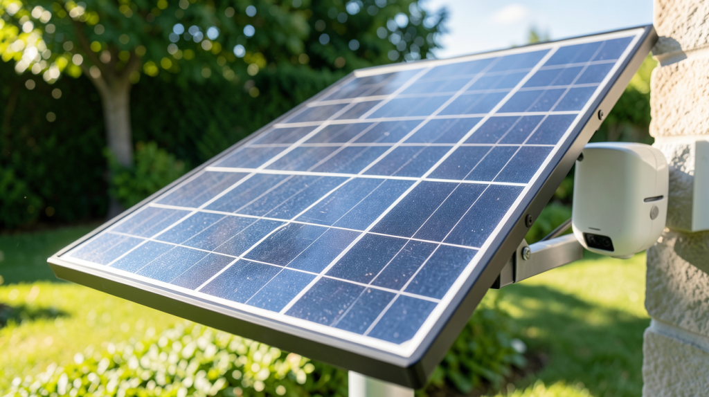 arlo panneau solaire installé sur une paroi extérieure pour charger une caméra de surveillance