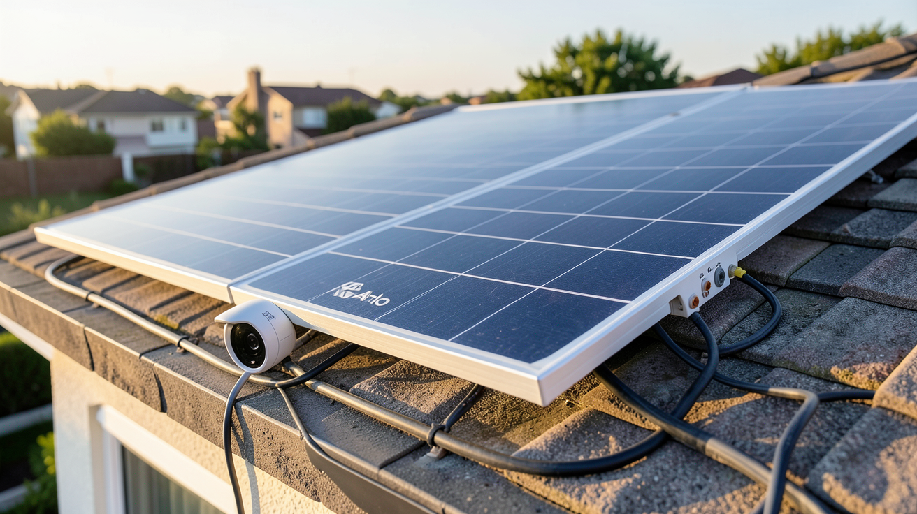 arlo panneau solaire compatible avec une caméra de surveillance Arlo installée sur un toit
