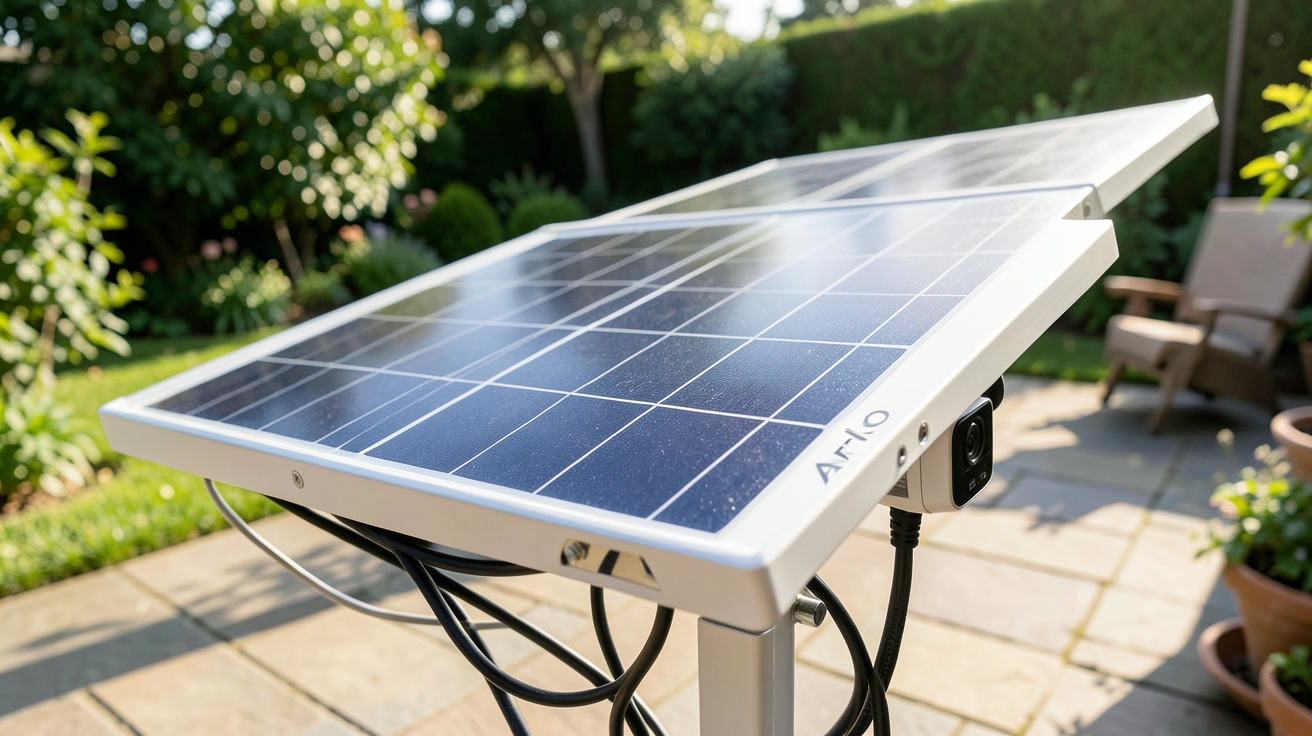 arlo panneau solaire connecté à une caméra Arlo lors d'une installation pas à pas en extérieur