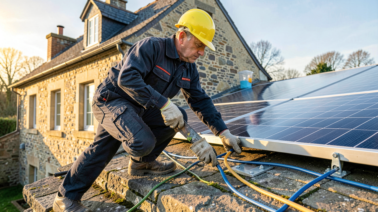 armor photovoltaïque installateur vérifiant une installation solaire sur un toit de maison en Bretagne