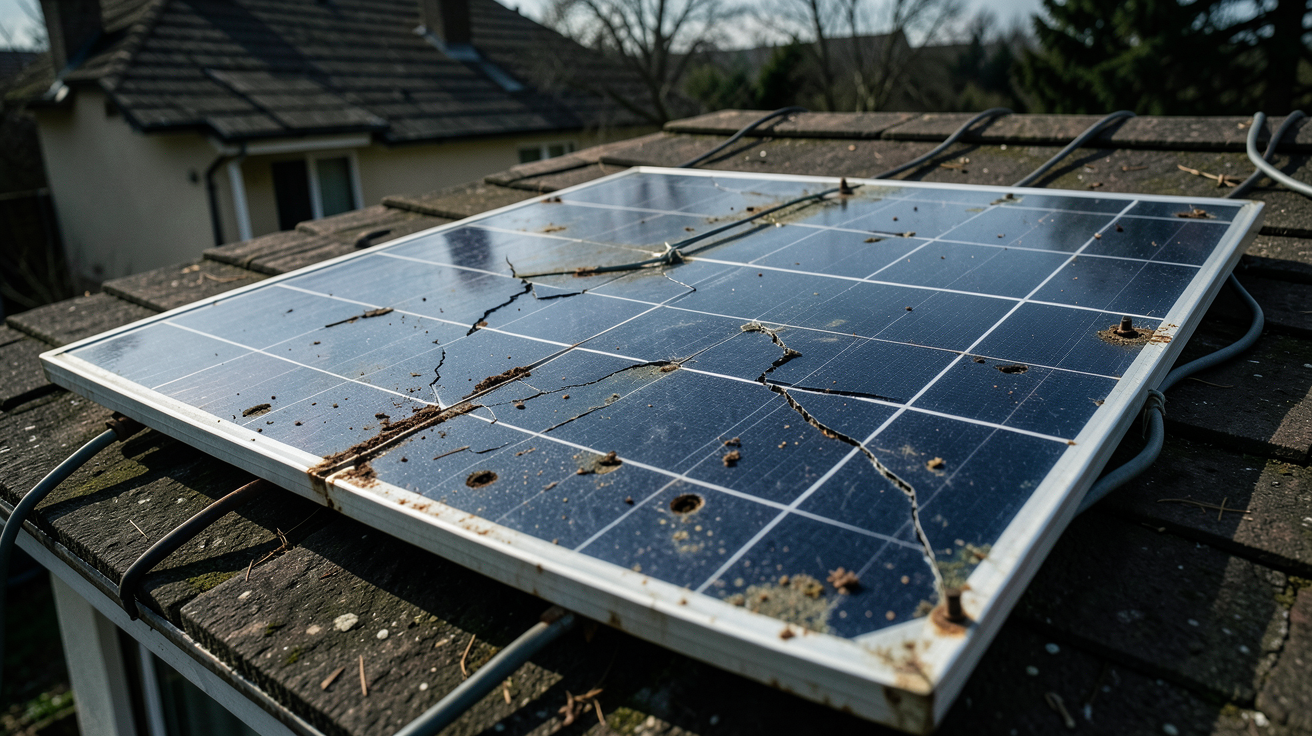 arnaque panneau solaire à 1 euro 2021 : panneau photovoltaïque défectueux et mal installé sur un toit
