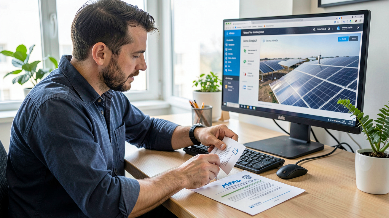 Aterno photovoltaïque : technicien vérifiant l'éligibilité à la prime énergie sur un projet