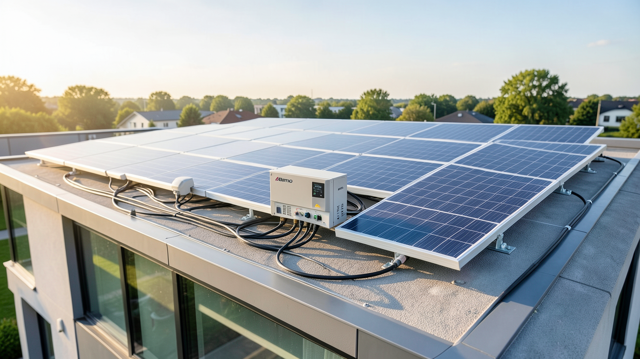 aterno panneau solaire avec onduleur central et micro-onduleurs sur toit de maison moderne
