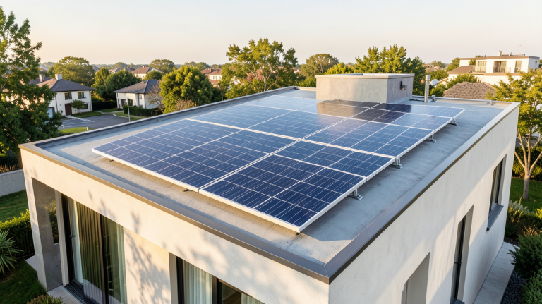 aterno panneau solaire installé sur le toit d'une maison moderne avec vue dégagée