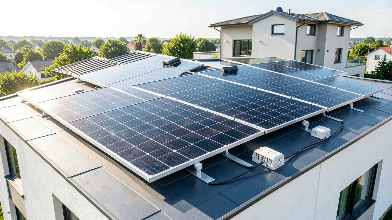 aterno photovoltaique kit photovoltaïque installé sur le toit d'une maison moderne avec panneaux solaires noirs et onduleurs