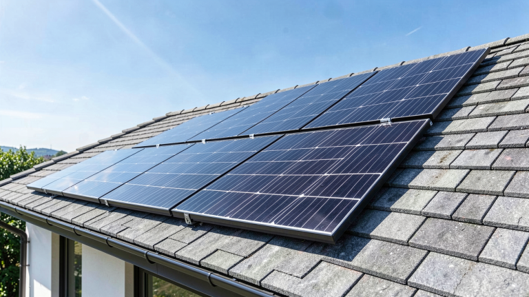 aterno photovoltaique installé sur le toit d'une maison contemporaine avec des panneaux solaires noirs brillants