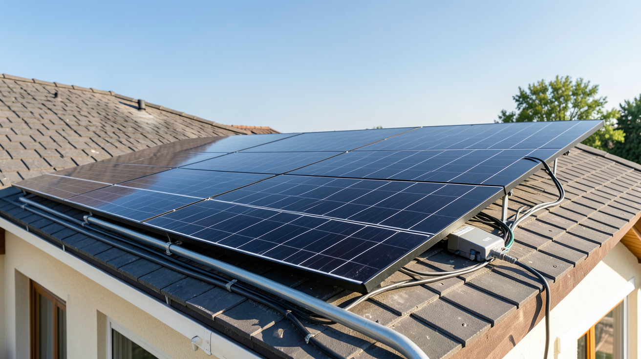 autoconsommation EDF installation solaire photovoltaïque en toiture d'une maison individuelle avec panneaux noirs brillants