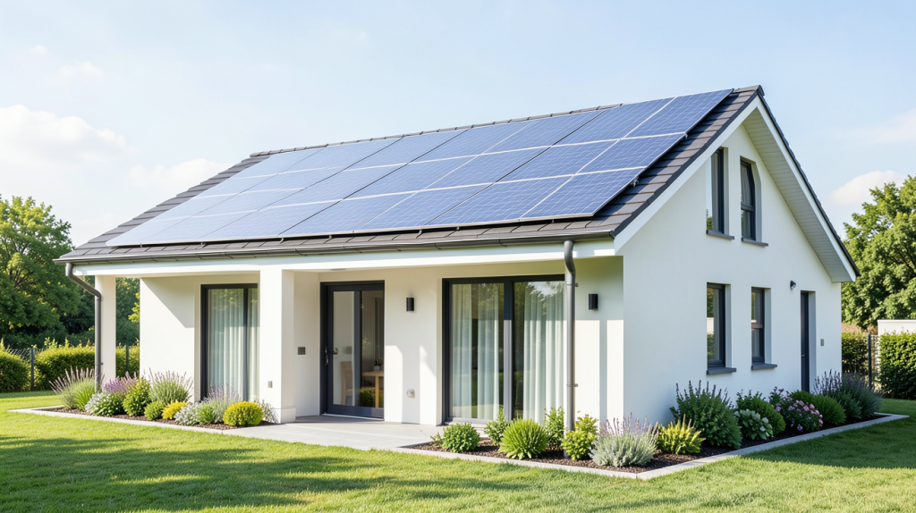 autoconsommation edf avec installation de panneaux solaires sur un toit résidentiel moderne