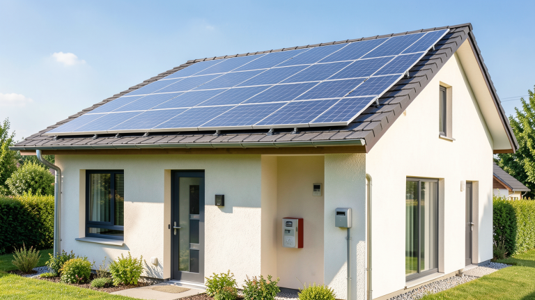 autoconsommation electricite photovoltaïque d'une maison avec panneaux solaires sur le toit et compteur d'énergie