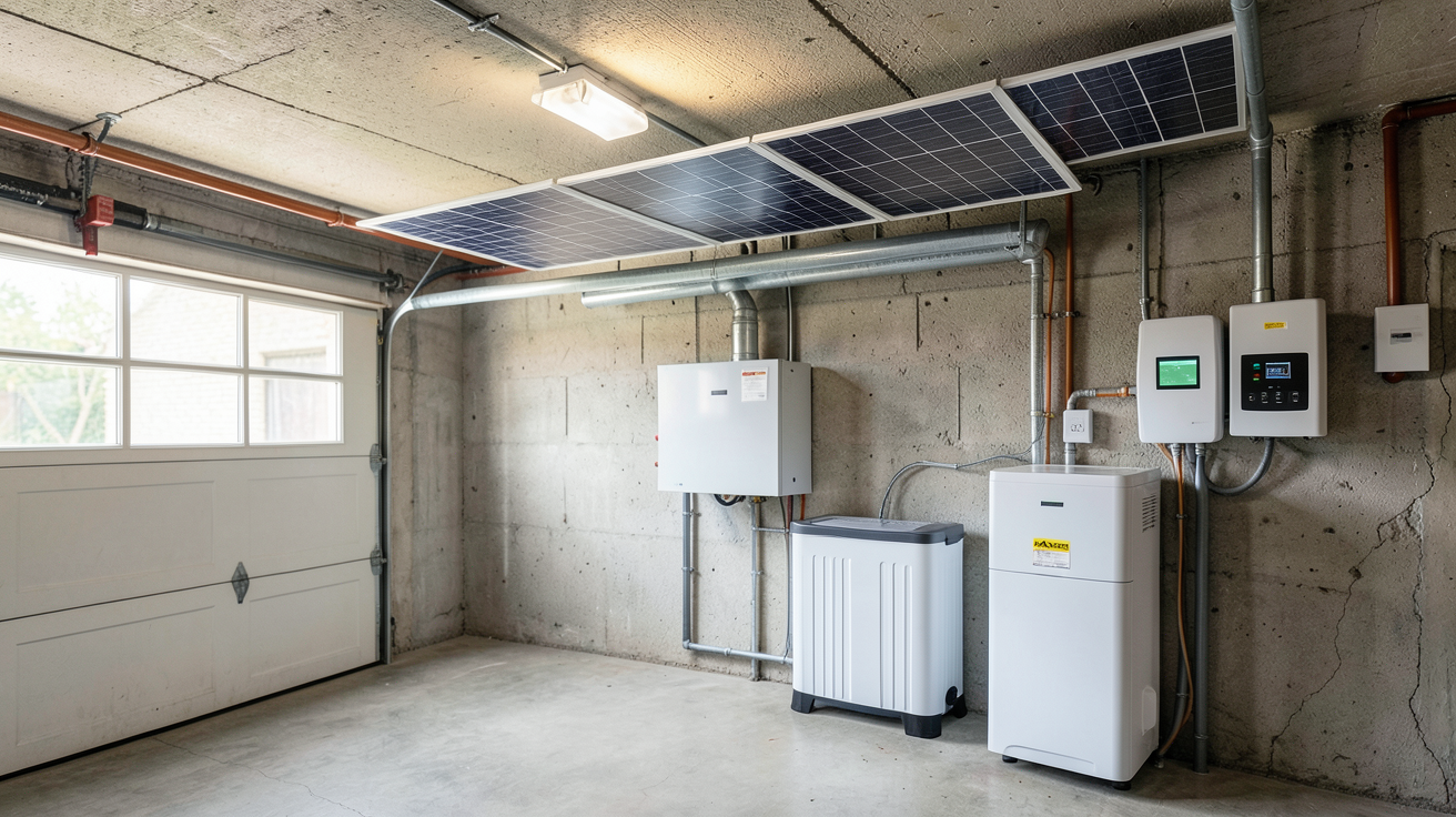 autoconsommation électrique avec panneaux solaires, onduleur, batterie de stockage et système de gestion d'énergie