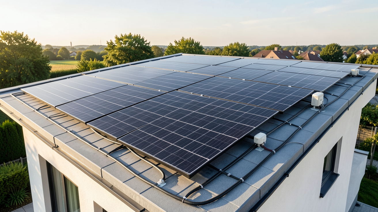 autoconsommation électrique : installation solaire photovoltaïque de 6 kWc sur le toit d'une maison individuelle moderne