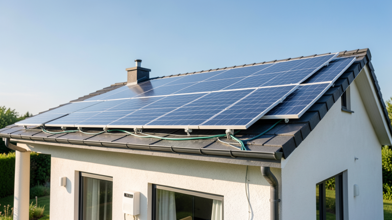 autoconsommation électrique avec des panneaux solaires installés sur le toit d'une maison moderne