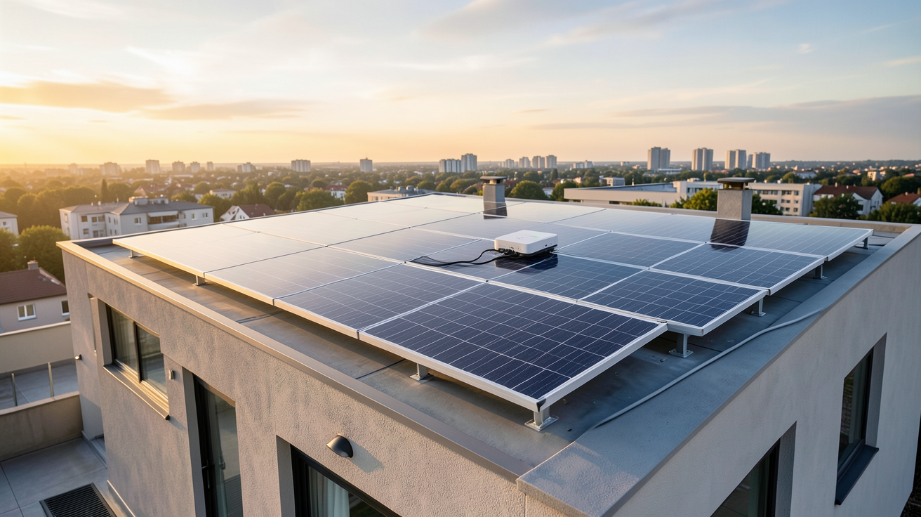 autoconsommation énergétique avec panneaux solaires bi-verre, micro-onduleur et batterie de stockage sur toit de maison moderne