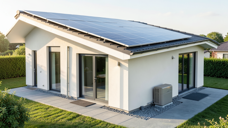autoconsommation énergétique avec panneaux solaires sur une maison moderne et batterie de stockage au sol