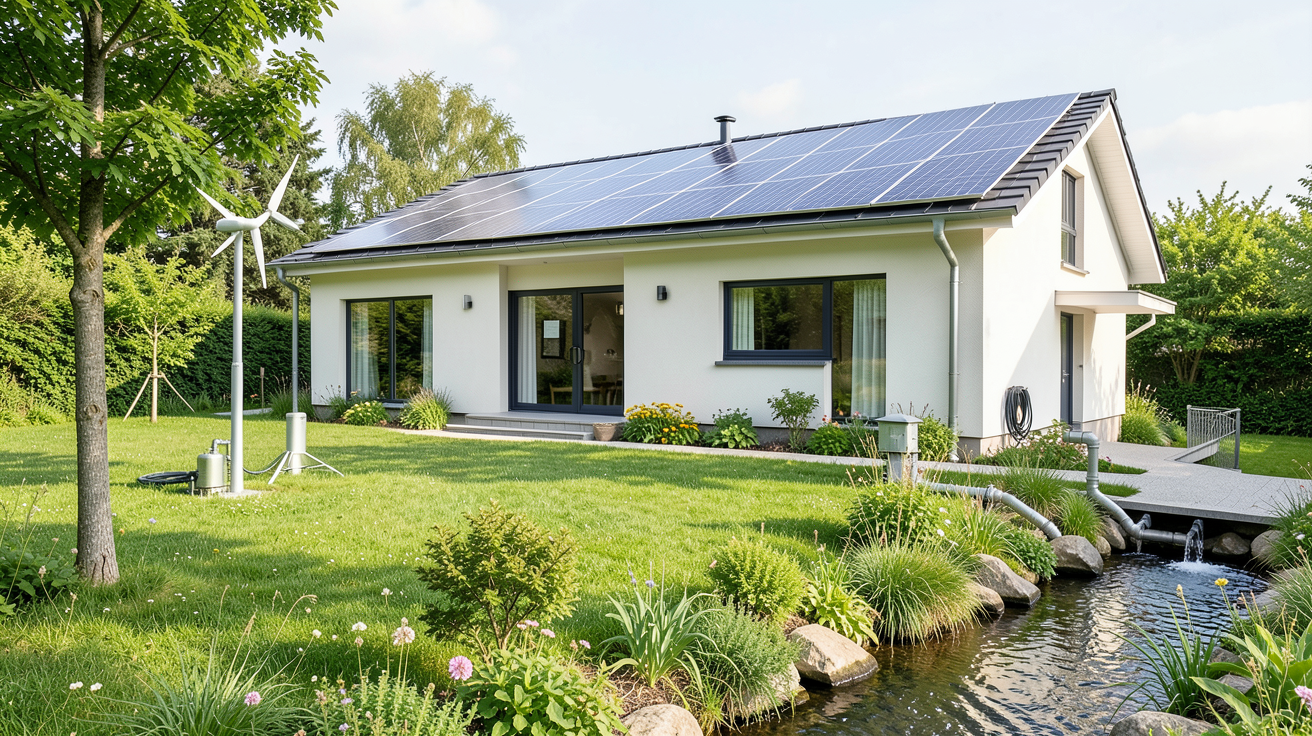 autoconsommation énergétique : installation résidentielle avec panneaux solaires, éolienne domestique et système hydroélectrique miniature