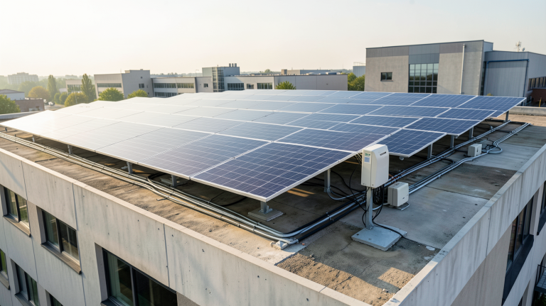 autoconsommation entreprise avec panneaux solaires installés sur le toit d'un bâtiment industriel