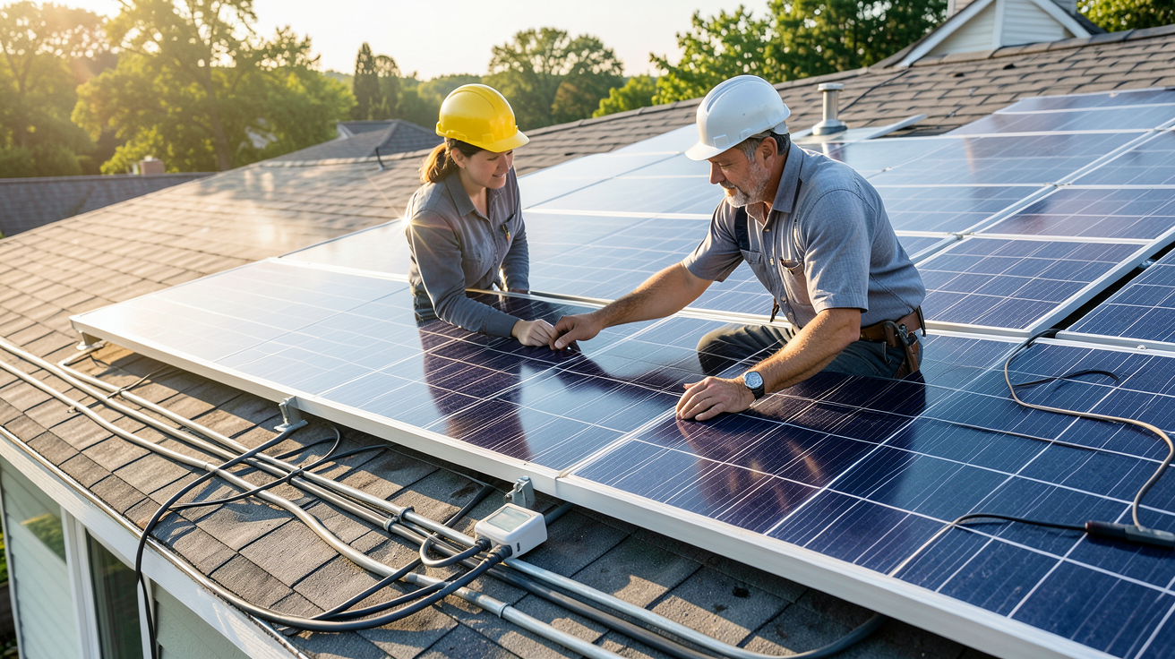 autoconsommation étapes pour réaliser son projet avec un installateur vérifiant les panneaux solaires sur un toit